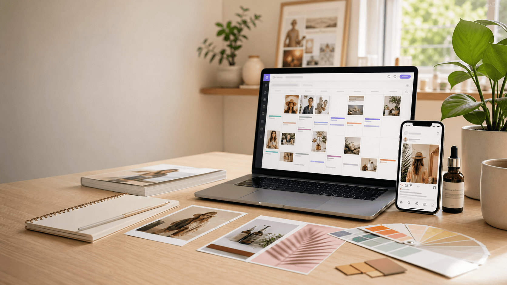 Escritorio con laptop mostrando calendario de contenido, teléfono con publicación social y referencias visuales de marca.
